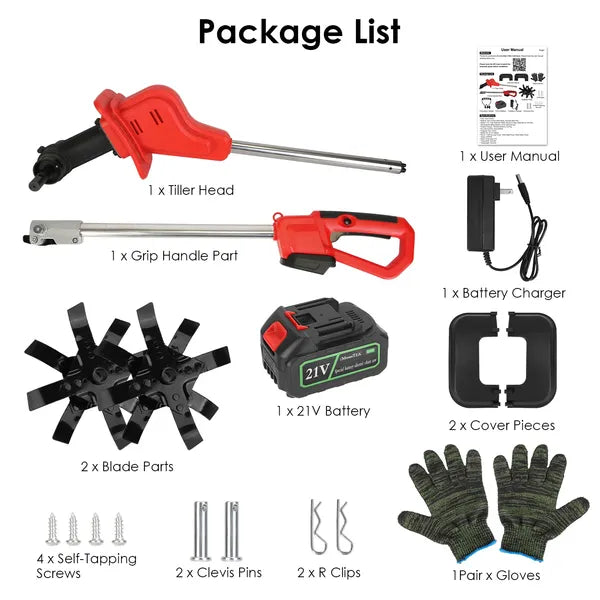 21V Cordless Electric Tiller Cultivator — 550W, 9" Wide x 9" Deep