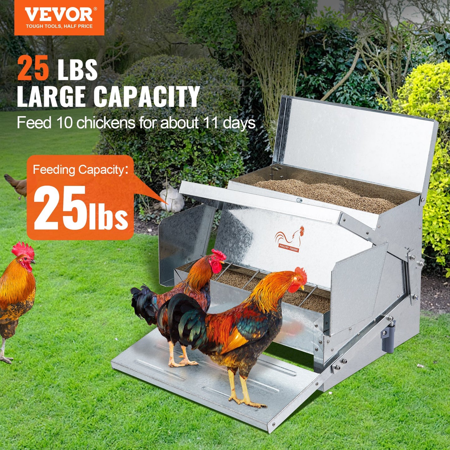 Vevor Automatic Chicken Feeder (25 lb) — Galvanized Treadle Feeder w/ Magnetic Lock, Feeds ~10 Chickens ~11 Days