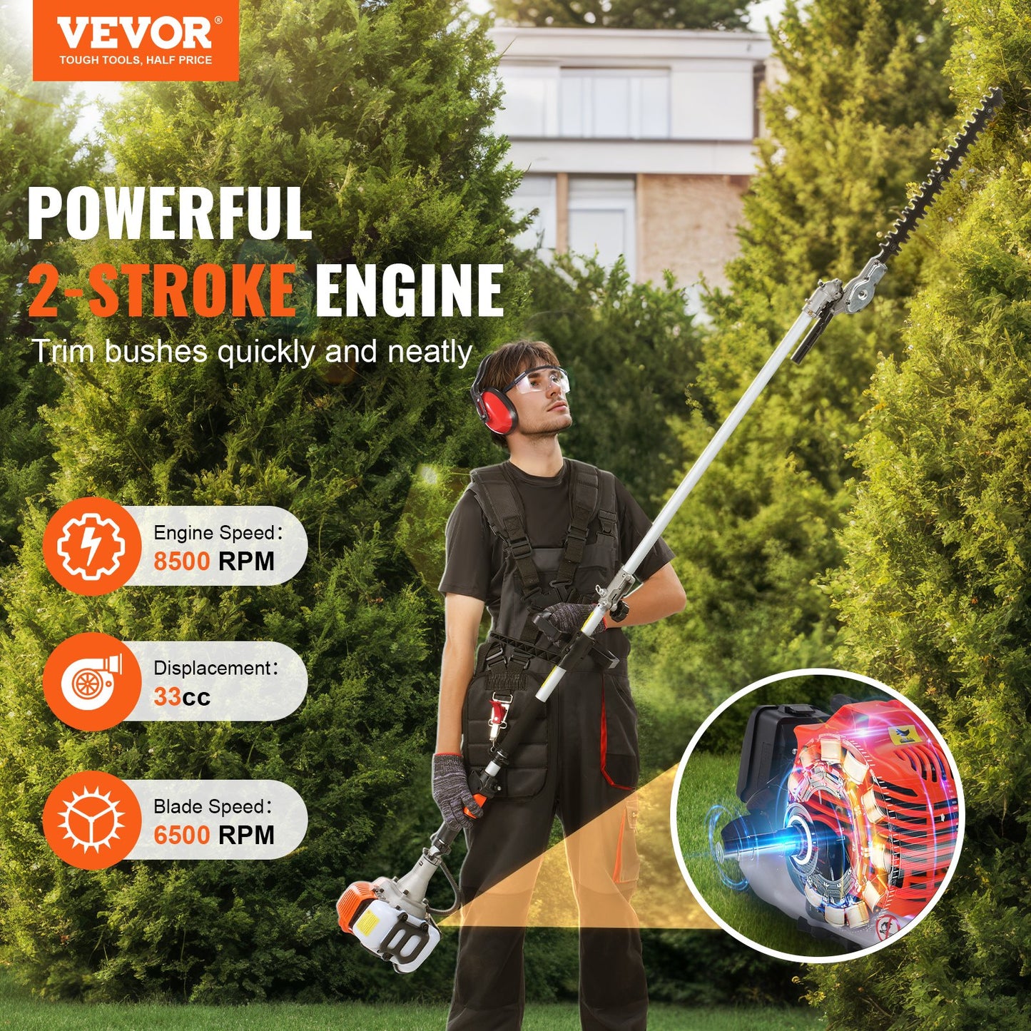 VEVOR 6-in-1 Multi-Functional Trimming Tool Set, Gas Hedge Trimmer 33CC Weed Eater Bush Trimmer Chainsaw