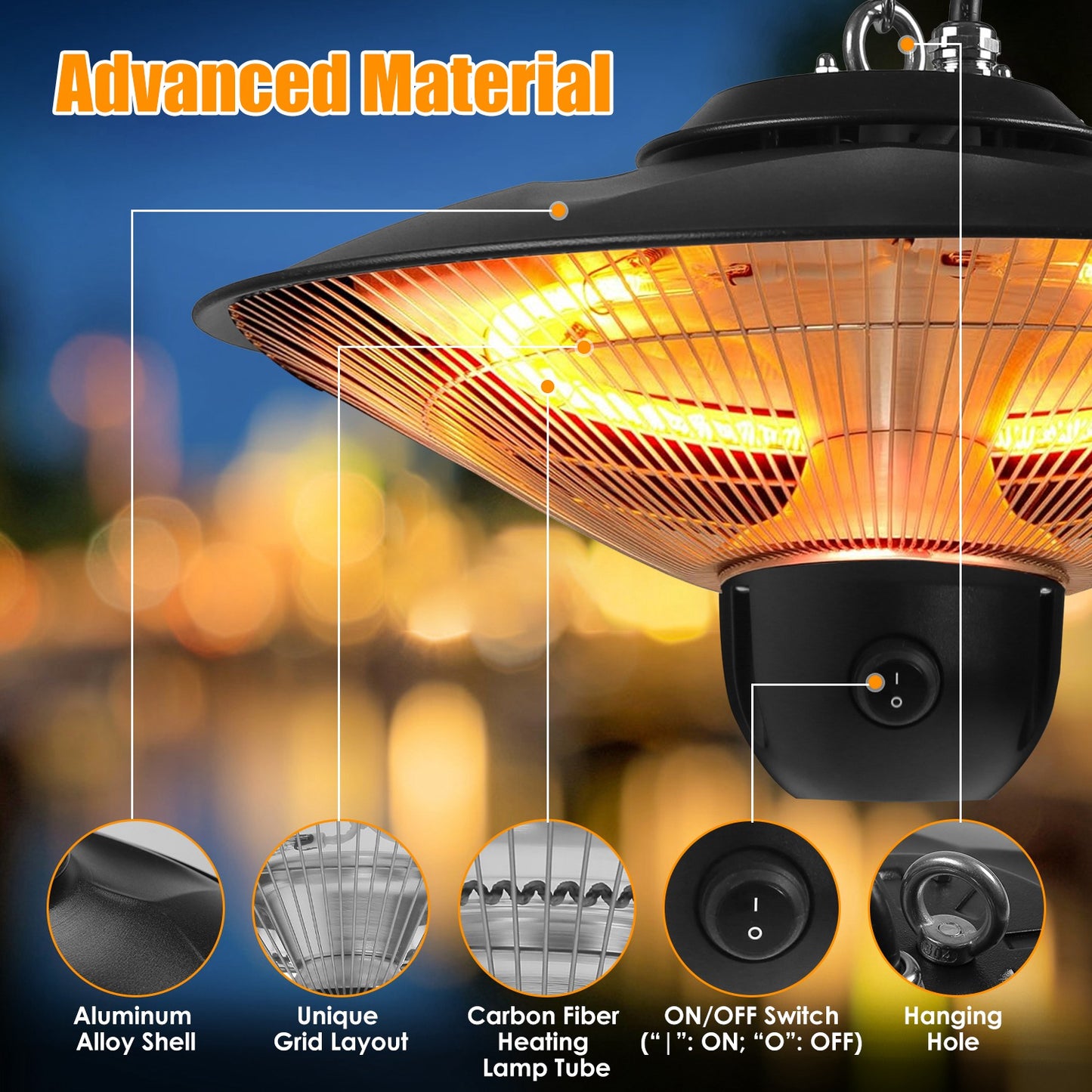 1500W Hanging Electric Patio Heater — Remote Control + Timer, IP23 (3 Heat Levels)