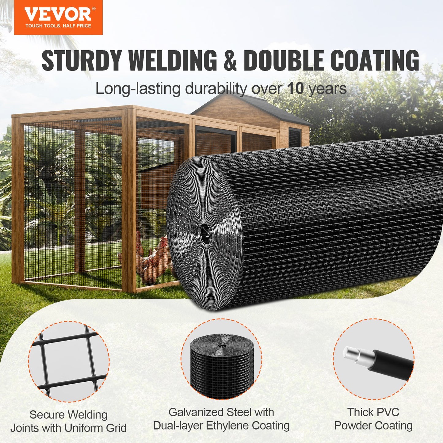 Hardware Cloth, 36'' X 100' Galvanized Wire Mesh Roll, 19 Gauge Chicken Wire Fence Roll, Vinyl Coating Metal Wire Mesh For Chicken Coop Barrier, Rabbit Snake Fences, Poultry Enclosures