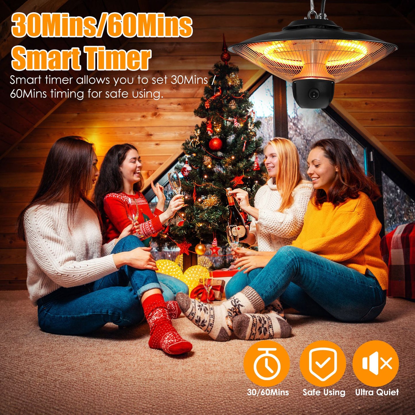 1500W Hanging Electric Patio Heater — Remote Control + Timer, IP23 (3 Heat Levels)
