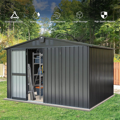 Outdoor Storage Shed 10'x 8, Metal Garden Shed For Bike, Trash Can, Tools, Galvanized Steel Outdoor Storage Cabinet With Lockable Door For Backyard, Patio, Lawn  10x8ft, Dark Gray