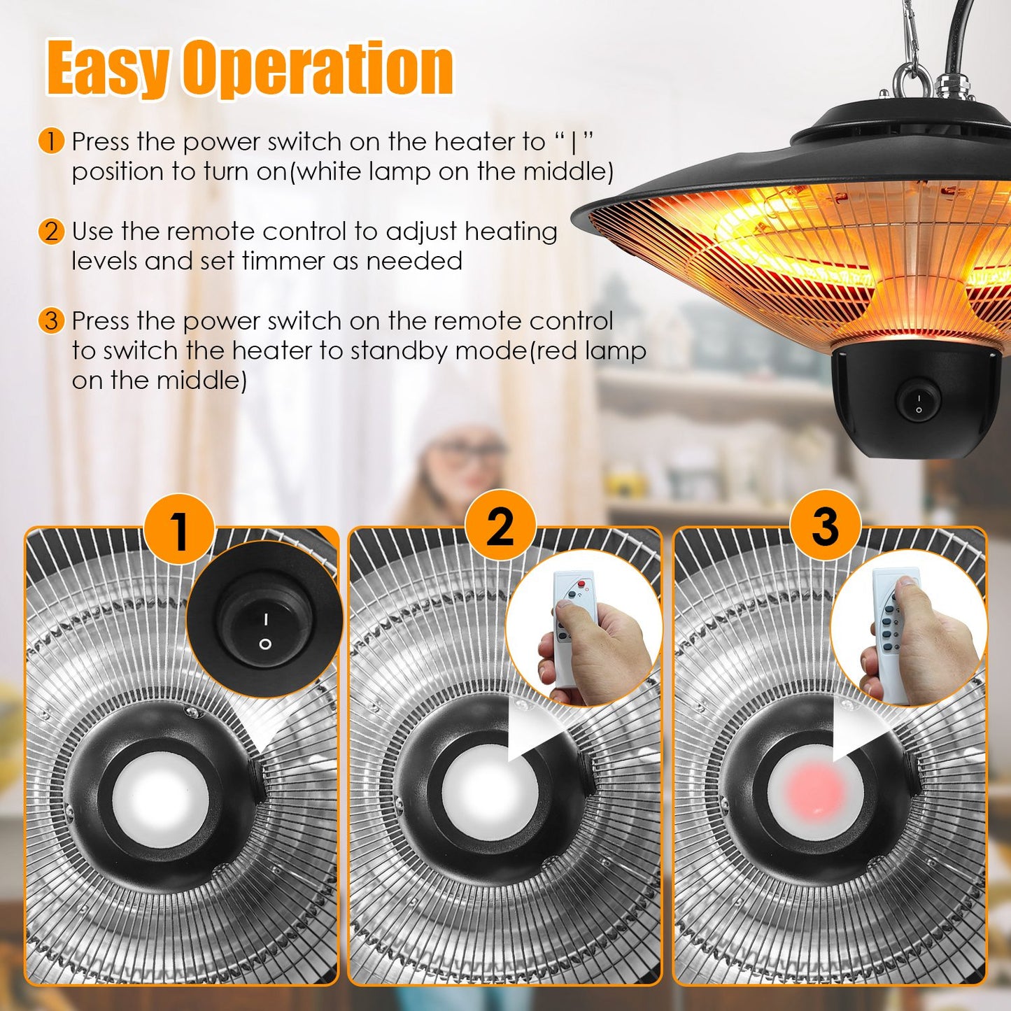 1500W Hanging Electric Patio Heater — Remote Control + Timer, IP23 (3 Heat Levels)
