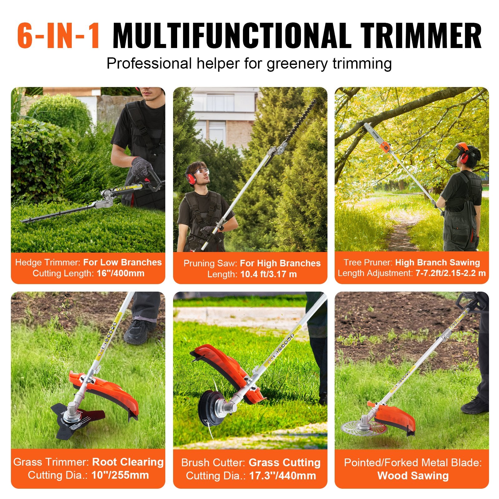 Overview of all 6 attachments included with VEVOR trimmer set