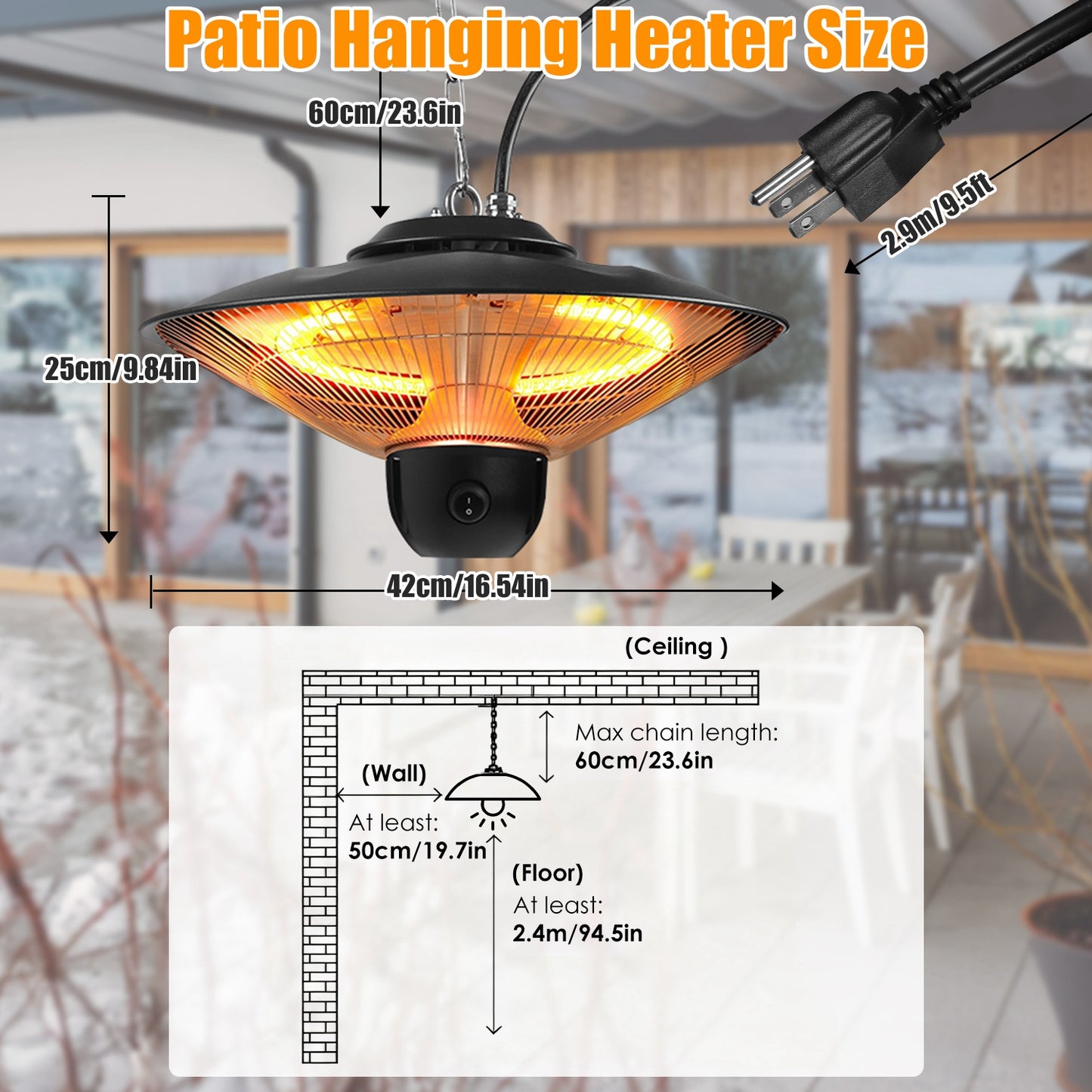 1500W Hanging Electric Patio Heater — Remote Control + Timer, IP23 (3 Heat Levels)