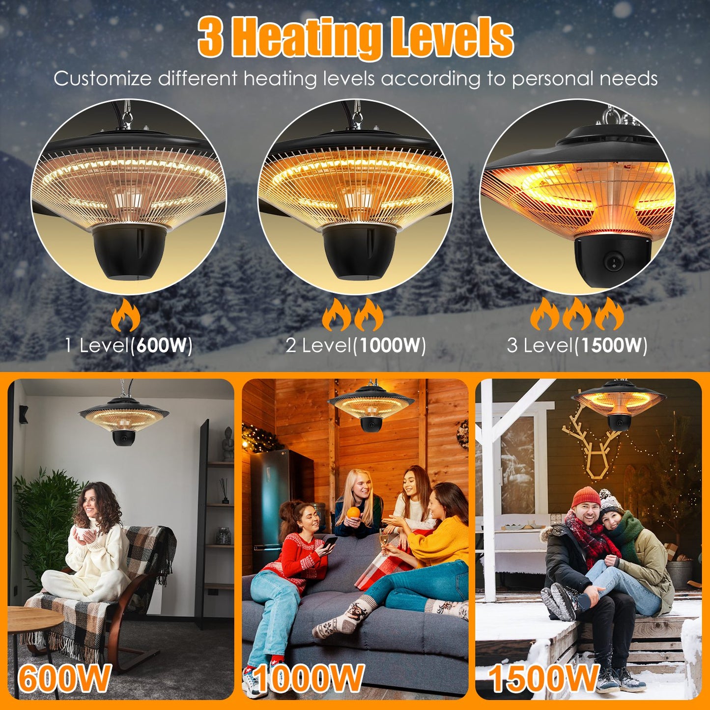 3 heating levels 600W 900W 1500W hanging heater