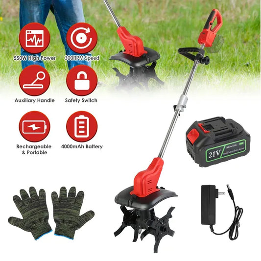21V Electric Cordless Tiller Cultivator Powered Garden Tiller With 4 Blades 16 Steel Tines 550W 300RPM 4000mAh Battery Tilling 9-in Width & 9-in Depth For Lawn/Gardening/Soil Cultivation