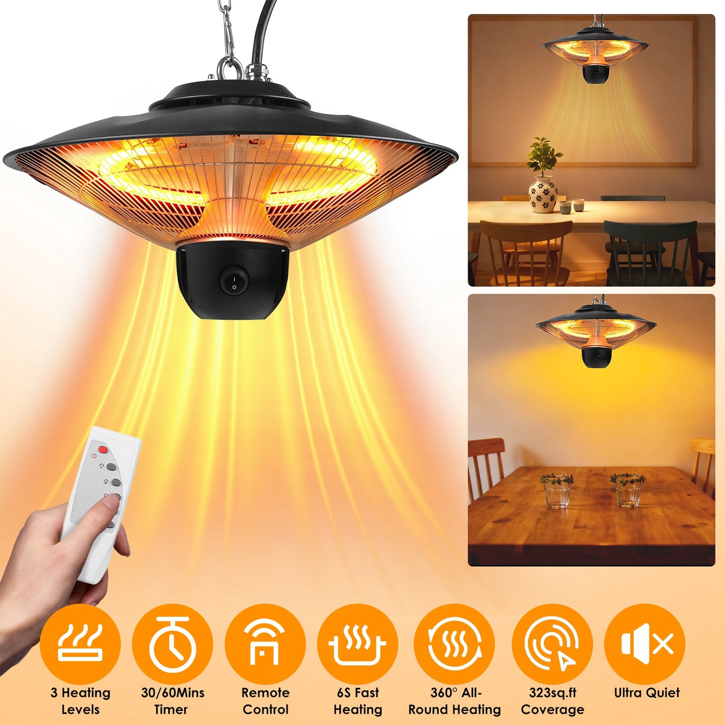 Hanging patio heater with timer and dual remote controls