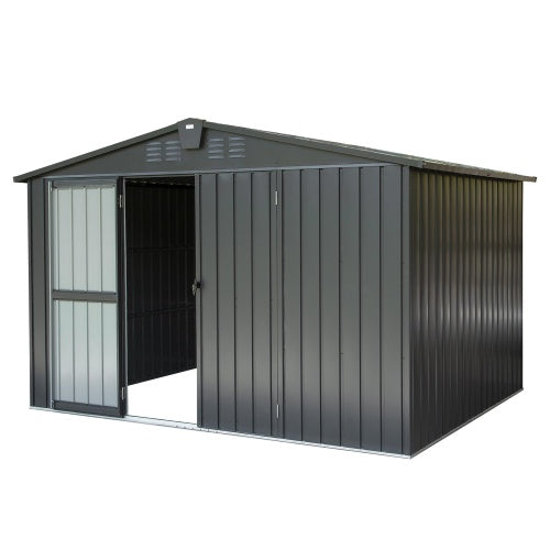Outdoor Storage Shed 10'x 8, Metal Garden Shed For Bike, Trash Can, Tools, Galvanized Steel Outdoor Storage Cabinet With Lockable Door For Backyard, Patio, Lawn  10x8ft, Dark Gray