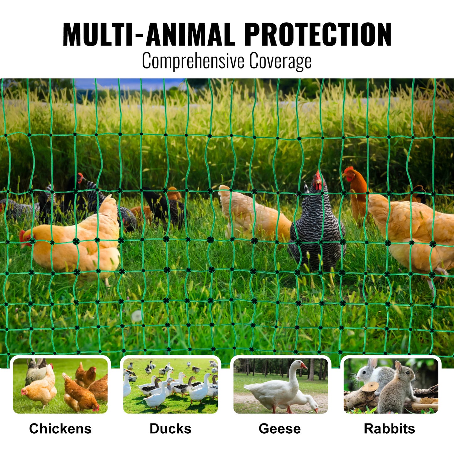 VEVOR Electric Fence Netting, 48inH X 168in L, PE Net Fencing Kit With Posts & Double-Spiked Stakes, Utility Portable Mesh For Chickens, Ducks, Geese, Rabbits, Used In Backyards, Farms, And Ranches