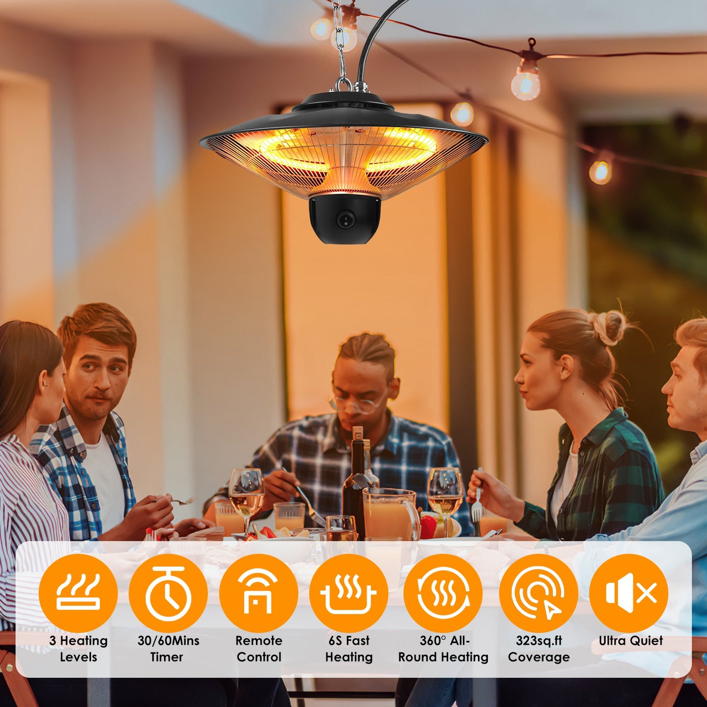 1500W Hanging Electric Patio Heater — Remote Control + Timer, IP23 (3 Heat Levels)