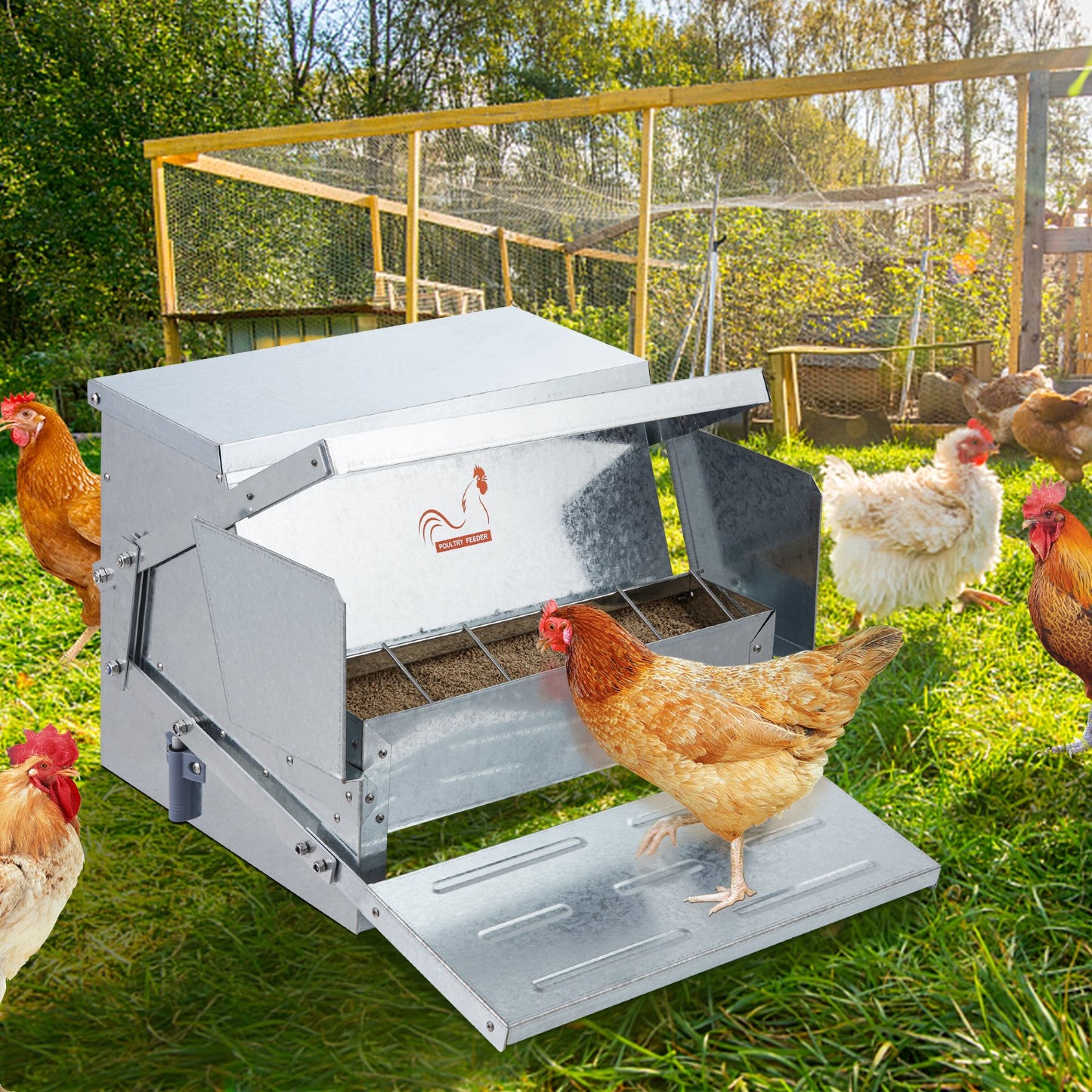 Vevor Automatic Chicken Feeder (25 lb) — Galvanized Treadle Feeder w/ Magnetic Lock, Feeds ~10 Chickens ~11 Days